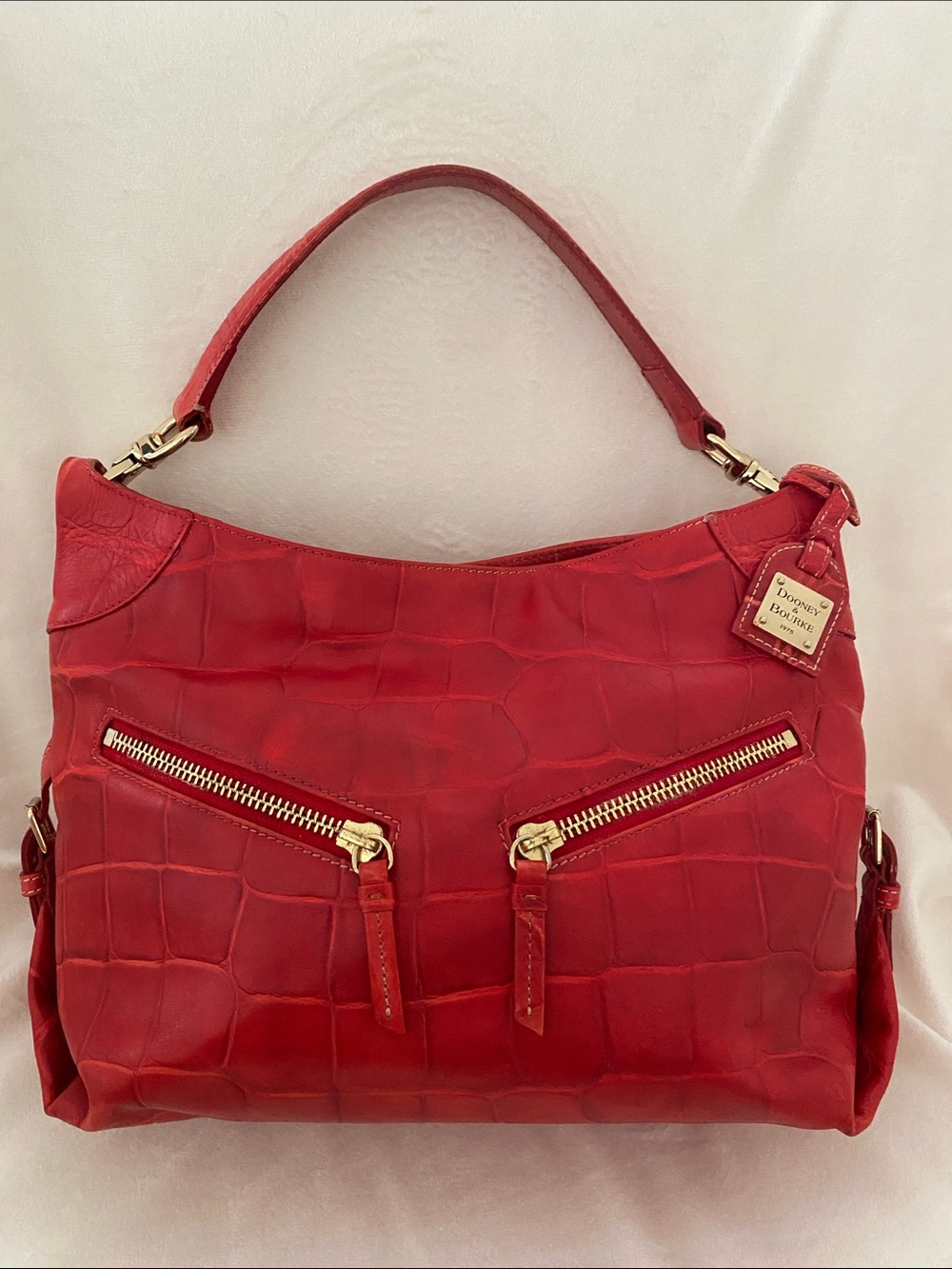 Dooney & Bourke Cinzia Croco Embossed Leather Hobo Shoulder Bag in Cherry Red